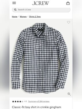 J Crew Gingham Button-Up Shirt - Navy & White Size Large